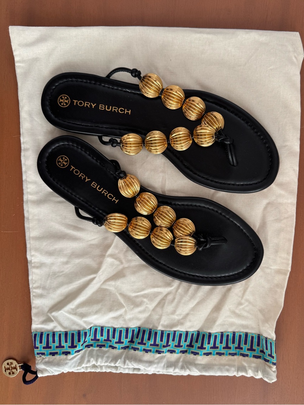 Tory Burch Black Leather Thong Sandals with Gold Button Beads